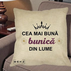 Cadou pentru Bunica - Perna Personalizata Cea Mai Buna Bunica Din Lume Coroana Mov Flori, 40x40 cm, Crem, Husa Detasabila, Perna Inclusa, BEKZ®
