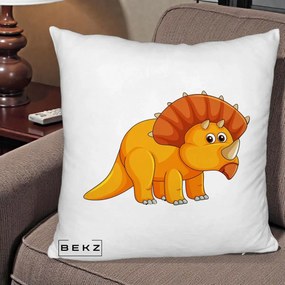 Perna Decorativa Triceratops Portocaliu, 40x40 cm, Alb Pufos, Husa Detasabila, Perna Inclusa, BEKZ®