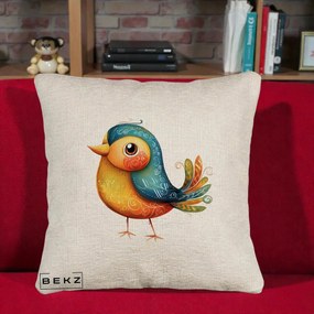 Perna Decorativa Pasare Folk Art Portocalie-Teal, 40x40 cm, Bej Canapea, Husa Detasabila, Perna Inclusa, BEKZ®