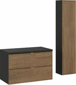 Set dulap baza suspendat 80 cm cu blat si dulap coloana Comad Talia negru mat si stejar Casella