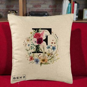 Cadou Personalizat - Perna Personalizata Monogram Litera F cu Flori Acuarela, 40x40 cm, Bej, Husa Detasabila, Perna Inclusa, BEKZ®
