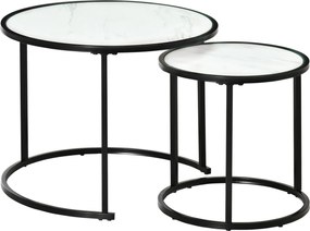 HOMCOM Lot de 2 Mese de Cafea Rotunde telescopice empilabile Blat din lemn aspect marmură și Picior metalic negru | Aosom Romania