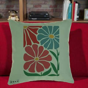 Perna Decorativa Flori Grafice Rosu-Albastru, 40x40 cm, Verde, Husa Detasabila, Perna Inclusa, BEKZ®