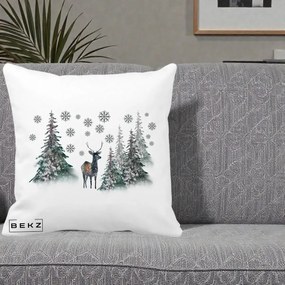 Perna Decorativa Ren in Padure Inzapezita, 40x40 cm, Alba Mata, Husa Detasabila, Perna Inclusa, BEKZ®