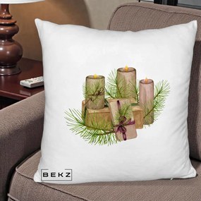 Perna Decorativa Lumanari cu Cadouri Naturale, 40x40 cm, Alb Pufos, Husa Detasabila, Perna Inclusa, BEKZ®