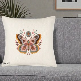 Perna Decorativa Fluture Boho Floral, 40x40 cm, Crem Reliefat, Husa Detasabila, Perna Inclusa, BEKZ®