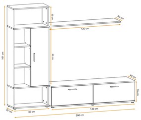 Mobila Living sufragerie , 200 cm lungime x 161 inaltime x 40 cm adancime, Gri perlat mat   Stejar artisan, canturi abs , comoda tv, dulap, raft,