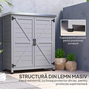Outsunny - Dulap de Depozitare pentru Exterior, Cutie de Depozitare din Lemn cu Blat Metalic și Rafturi, Banc de Lucru pentru Grădină cu Uși Duble, Gri | Aosom Romania