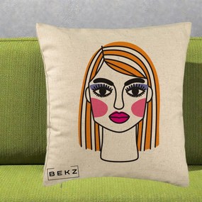 Perna Decorativa Portret Pop Art Fata, 40x40 cm, Bej, Husa Detasabila, Perna Inclusa, BEKZ®