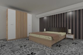 Dormitor Luiza 4U4PTM, culoare sonoma / alb, cu pat tapiterie maro 140 x 200, dulap cu 4 usi 164 cm si 2 noptiere