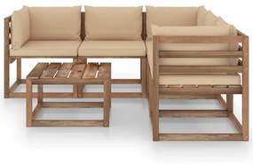 Set mobilier de gradina cu perne bej, 6 piese, lemn pin tratat