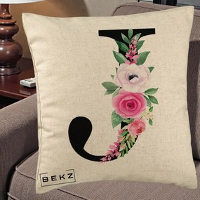 Cadou Personalizat - Perna Personalizata Monograma Florala Litera J, 40x40 cm, Bej, Husa Detasabila, Perna Inclusa, BEKZ®