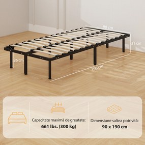 HOMCOM Cadru de Pat Industrial cu 28 de Lamele și Spațiu de Depozitare, din Lemn și Oțel, 190x90x31 cm, Negru și Lemn | Aosom Romania