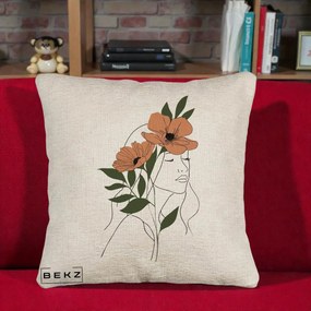 Perna Decorativa Portret Feminin Doua Maci Terracotta, 40x40 cm, Bej Canapea, Husa Detasabila, Perna Inclusa, BEKZ®