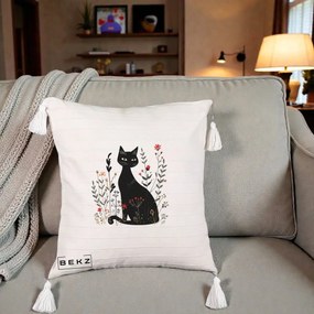 Perna Decorativa Pisica Neagra Botanica Rosu-Gri, 40x40 cm, Bej cu Franjuri, Husa Detasabila, Perna Inclusa, BEKZ®