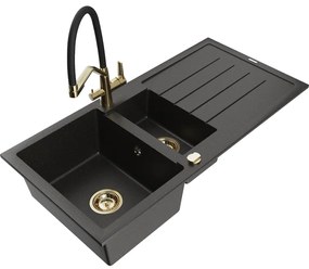 Mexen Andres chiuvetă de granit cu 1,5 compartimente cu picurător și baterie de bucătărie Duo, negru/auriu metalic - 6515-75-671