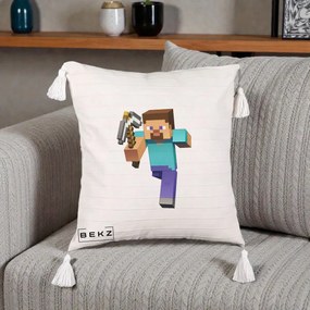 Perna Personalizata Minecraft Steve, 40x40 cm, Bej cu Franjuri, Husa Detasabila, Perna Inclusa, BEKZ®
