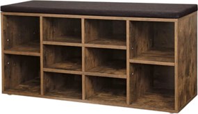 Pantofar cu bancă tapițată GABI, 10 compartimente, 104x30x48cm, negru/maro închis Jurhan