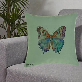Perna Decorativa Fluture Acuarela Multicolor Portocaliu-Bleu-Mov, 40x40 cm, Verde, Husa Detasabila, Perna Inclusa, BEKZ®