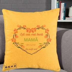Cadou pentru Mama - Perna Personalizata Esti Cea mai Buna Mama din Lume La Multi Ani cu Inima Florala, 40x40 cm, Galben, Husa Detasabila, Perna Inclusa, BEKZ®