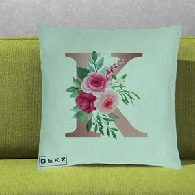 Cadou Personalizat - Perna Personalizata Monograma Rose Gold Litera K, 40x40 cm, Verde Menta, Husa Detasabila, Perna Inclusa, BEKZ®