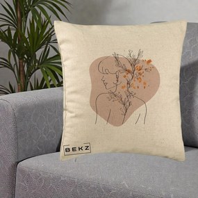 Perna Decorativa Femeie cu Flori Line Art Boho, 40x40 cm, Bej, Husa Detasabila, Perna Inclusa, BEKZ®