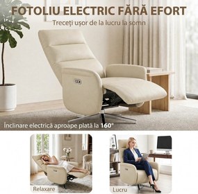 HOMCOM Fotoliu Reclinabil Electric, Rotativ, cu Suport pentru Picioare, USB, Bej | Aosom Romania