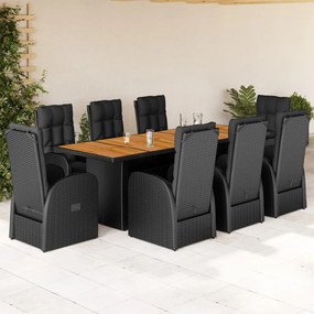 vidaXL Set mobilier de grădină cu perne, 9 piese, negru, poliratan