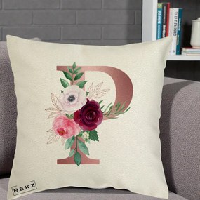 Cadou Personalizat - Perna Personalizata Monograma Rose Gold Litera P, 40x40 cm, Ecru, Husa Detasabila, Perna Inclusa, BEKZ®