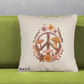 Perna Decorativa Peace Sign Ciuperci Floral, 40x40 cm, Bej Canapea, Husa Detasabila, Perna Inclusa, BEKZ®