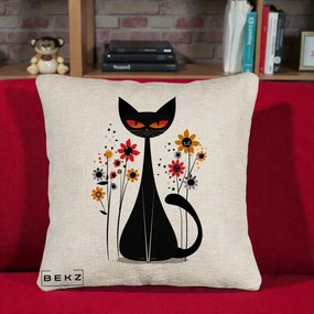 Perna Decorativa Pisica Neagra Ochi Rosii Flori, 40x40 cm, Bej Canapea, Husa Detasabila, Perna Inclusa, BEKZ®