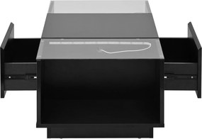Masă de cafea cu spațiu de depozitare, iluminare ambientală LED, blat din sticlă și 2 sertare, 105x50x35 cm, Negru