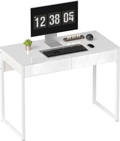 HOMCOM Birou Modern cu 2 Sertare și Picioare din Oțel, 100x50x75 cm, Alb Lucios | Aosom Romania