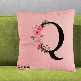 Cadou Personalizat - Perna Personalizata Monograma Florala Litera Q, 40x40 cm, Roz, Husa Detasabila, Perna Inclusa, BEKZ®