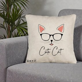 Perna Personalizata Cute Cat cu Ochelari, 40x40 cm, Bej Canapea, Husa Detasabila, Perna Inclusa, BEKZ®