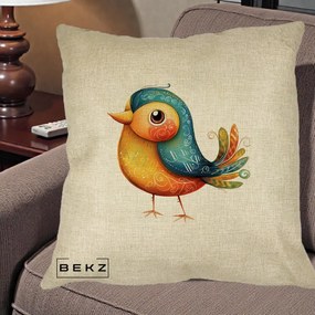 Perna Decorativa Pasare Folk Art Portocalie-Teal, 40x40 cm, Crem, Husa Detasabila, Perna Inclusa, BEKZ®