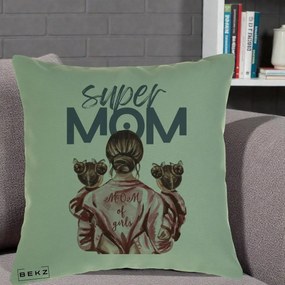 Cadou pentru Mama - Perna Personalizata Super Mom of Girls Mama cu Gemene, 40x40 cm, Verde, Husa Detasabila, Perna Inclusa, BEKZ®
