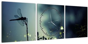 Tablou - Libelula în noaptea strălucitoare (cu ceas) (90x30 cm)