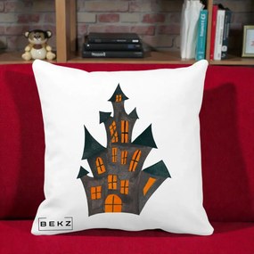 Perna Decorativa Halloween Casa Bantuita Minimalista, 40x40 cm, Alba Mata, Husa Detasabila, Perna Inclusa, BEKZ®
