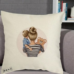 Cadou pentru Mama - Perna Personalizata Mama si Baietelul cu Ursulet, 40x40 cm, Ecru, Husa Detasabila, Perna Inclusa, BEKZ®