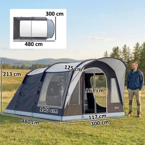 Outsunny Cort de Camping Tunel pentru 2-4 Persoane, Înălțime 213cm, cu 2 Camere, Cort Familial Impermeabil 3000mm cu Verandă, Ferestre, Buzunare, Cârlig și Geantă de Transport, Bleumarin | Aosom Romania
