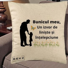 Cadou pentru Bunic - Perna Personalizata Bunicul Meu Izvor de Liniste cu Fluture si Fetita, 40x40 cm, Bej, Husa Detasabila, Perna Inclusa, BEKZ®