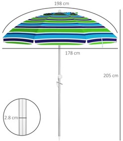 Outsunny Sombrilla de Plajă Ø178x205 cm cu Inclinare 45° Înălțime Reglabilă Anti-UV Impermeabilă și Geantă de Transport Multicolor | Aosom Romania