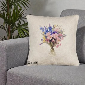 Perna Decorativa Buchet Floral Acuarela Primavara, 40x40 cm, Bej Canapea, Husa Detasabila, Perna Inclusa, BEKZ®