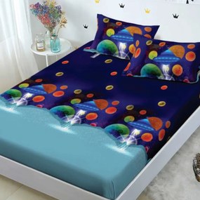 Husă de pat din FINET cu elastic si 2 fete de pernă, Blue Planetarium 160×200