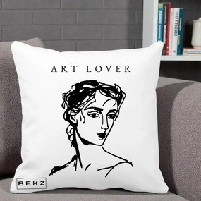 Perna Decorativa Art Lover Portret Grafic, 40x40 cm, Alba Mata, Husa Detasabila, Perna Inclusa, BEKZ®