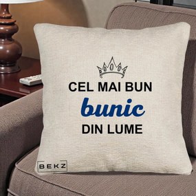 Cadou pentru Bunic - Perna Personalizata Cel Mai Bun Bunic Din Lume Coroana Albastra, 40x40 cm, Bej Canapea, Husa Detasabila, Perna Inclusa, BEKZ®