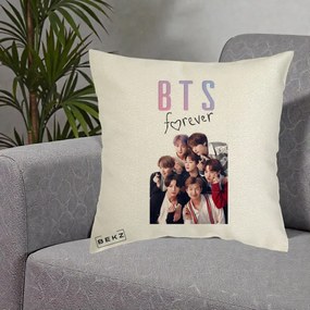 Perna Personalizata K-pop BTS Forever cu Foto Grup Negru, 40x40 cm, Ecru, Husa Detasabila, Perna Inclusa, BEKZ®