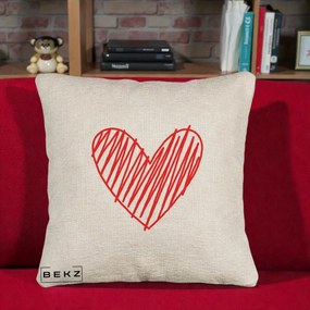 Perna Decorativa Inima Rosie Desen Manual, 40x40 cm, Bej Canapea, Husa Detasabila, Perna Inclusa, BEKZ®