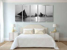 Tablou 5-piese apus de soare frumos la mare în design alb-negru